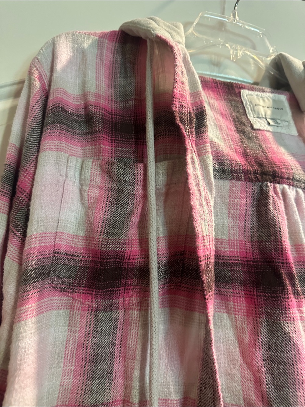 American Eagle Outfitters Pink and White Plaid Button-Down Hoodie Shirt - Picture 4 of 6